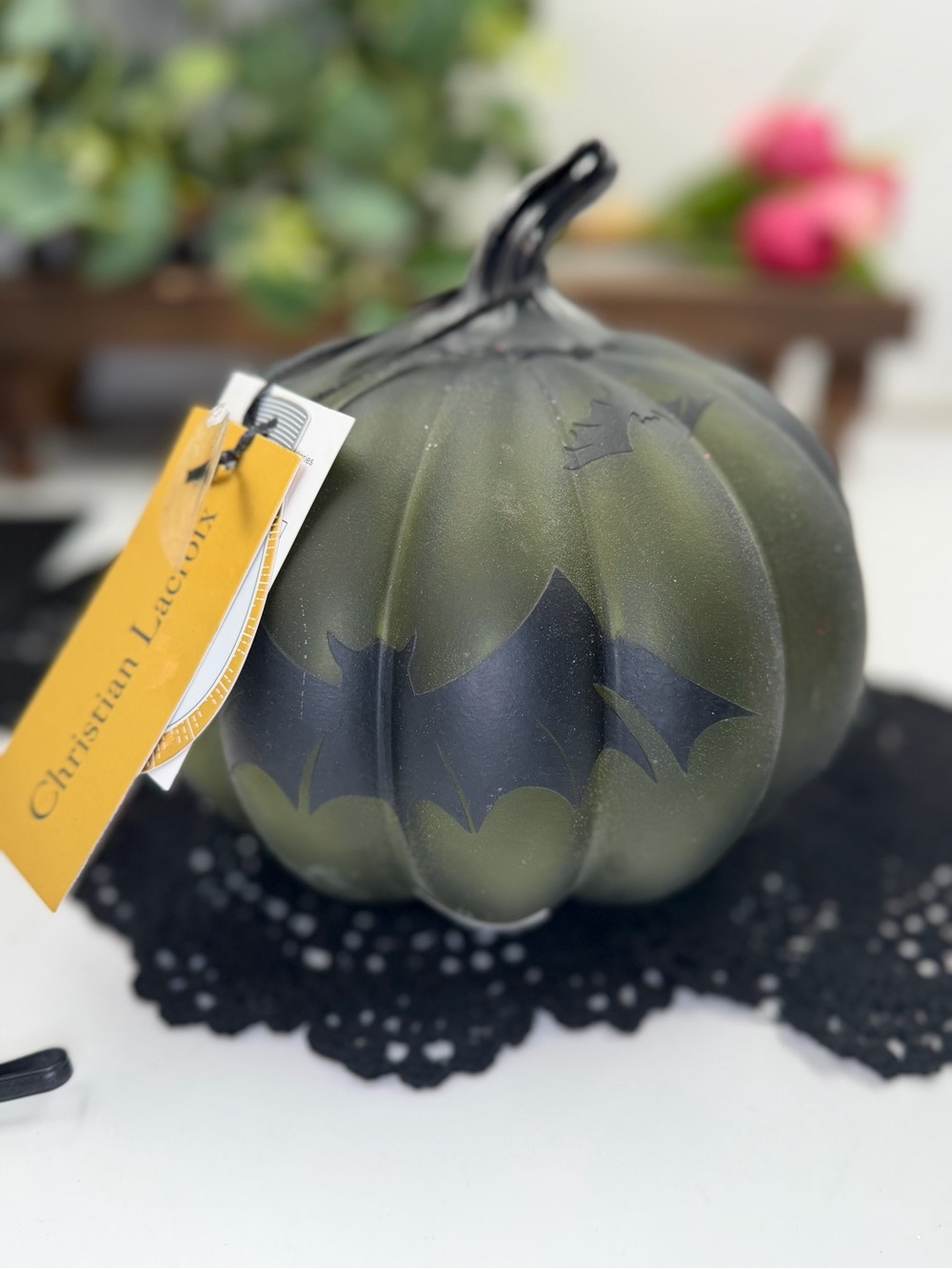 FIRM PRICE NEW Glass LED Pumpkin Bat Halloween Decor Spooky Summerween Green